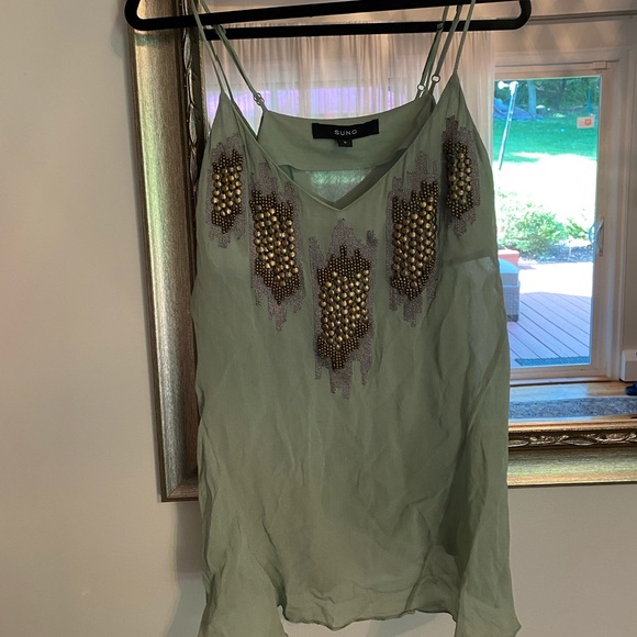 SUNO Tops - Green Sheer Embellished Top